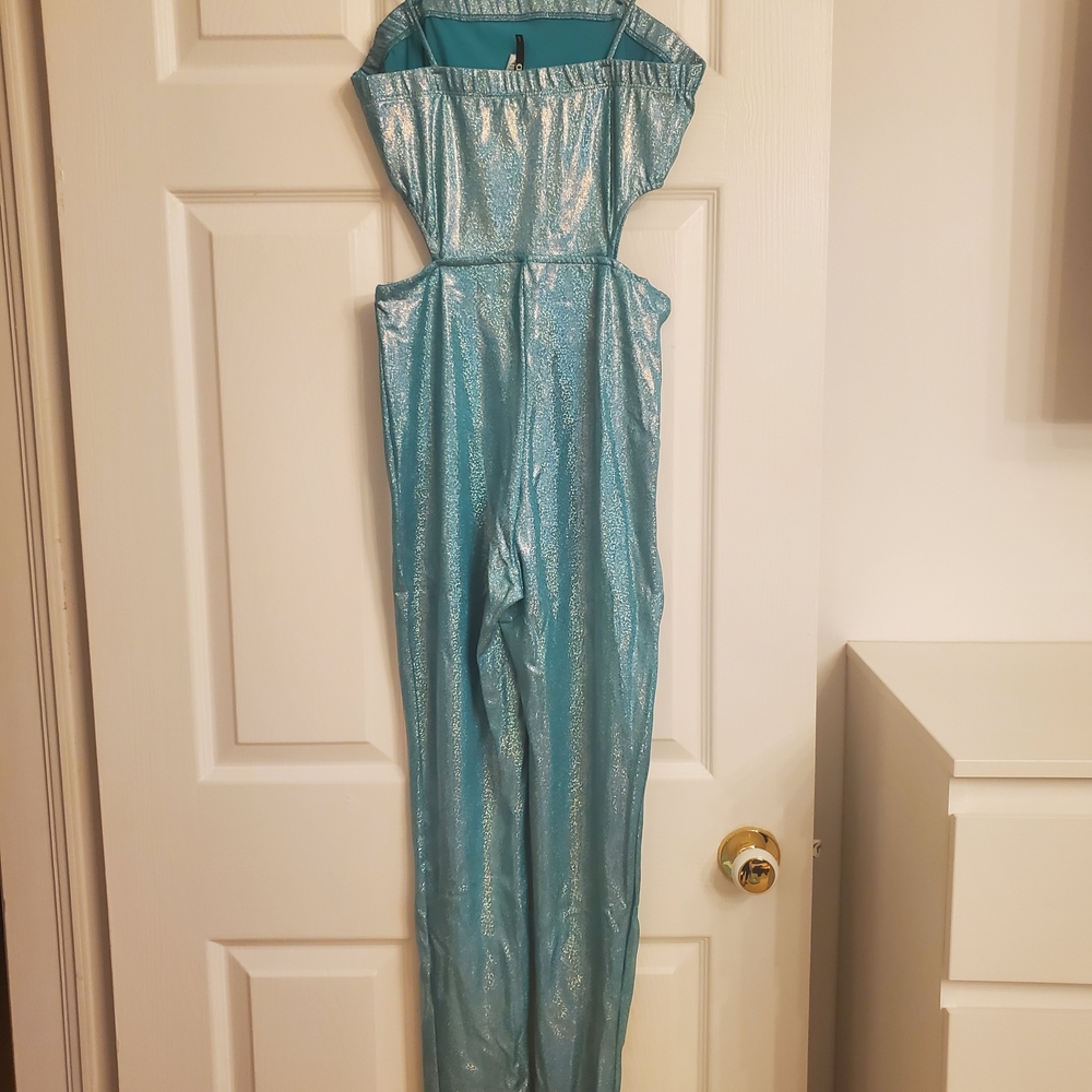Shimmering Teal Blue Metallic Stretch Jumpsuit - Picture 2 of 2